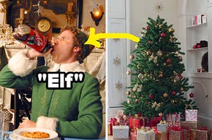 A close up of Buddy the Elf as he drinks from a liter of soda and a decorated tree with presents underneath 