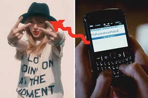 Taylor Swift stands with two fingers from each hand towards the camera and a close up of a pair of hands typing gibberish onto a Blackberry