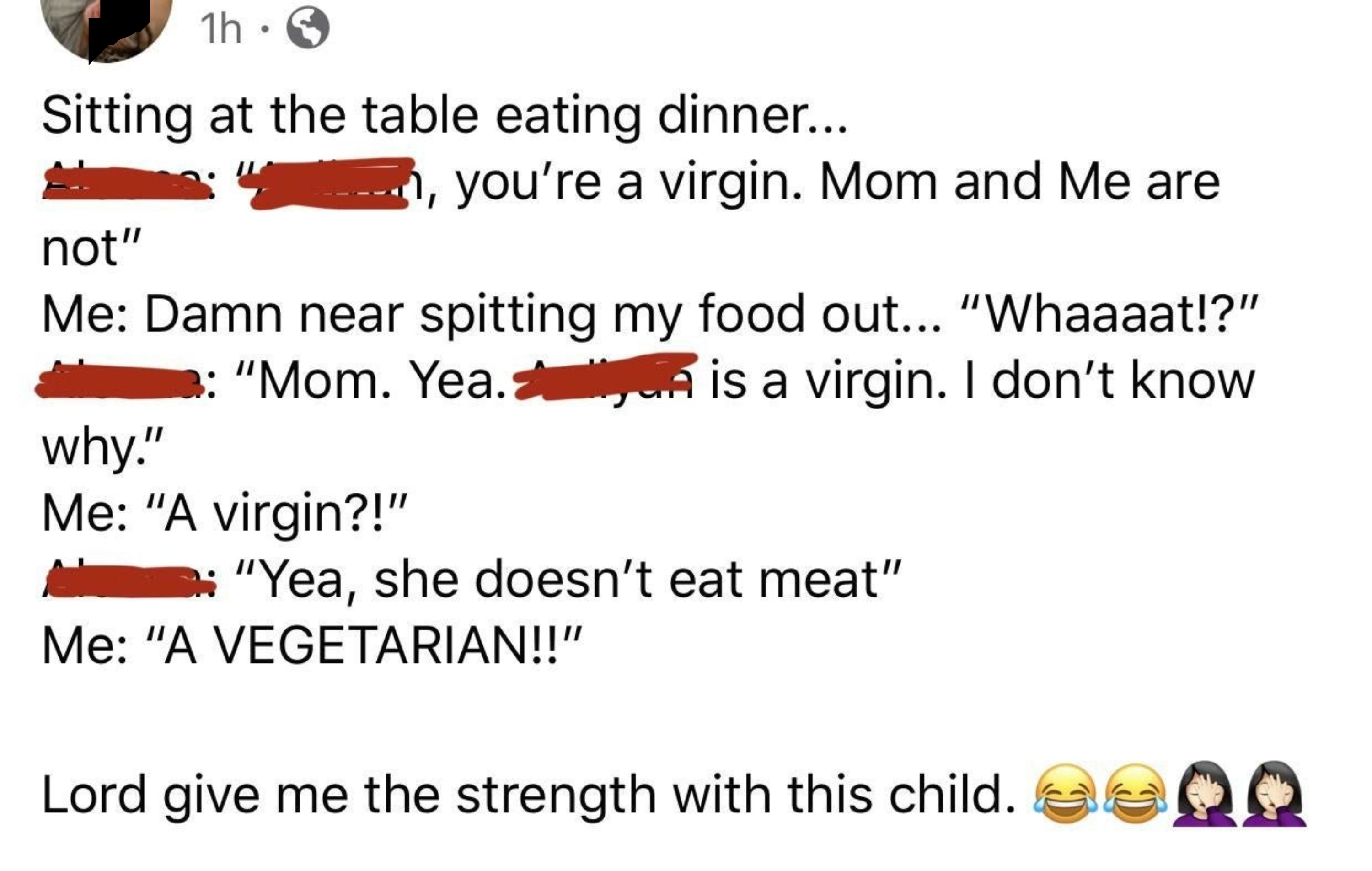 kid confusing the word for vegetarian and virgin