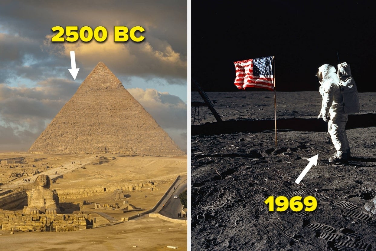 The pyramids on the left and the moon landing on the right
