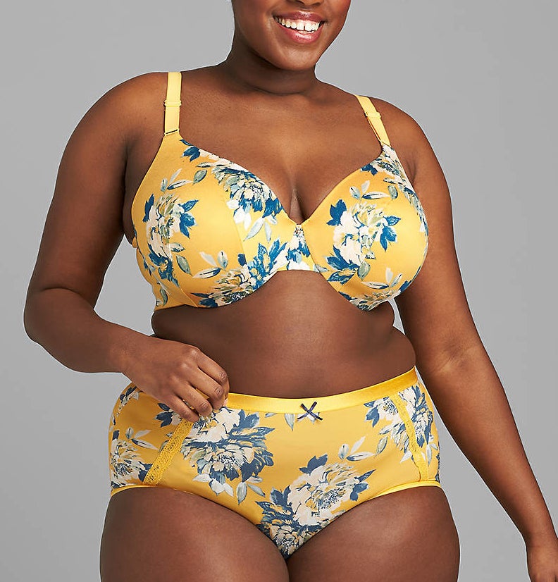 Model in yellow and blue floral bra and panty set