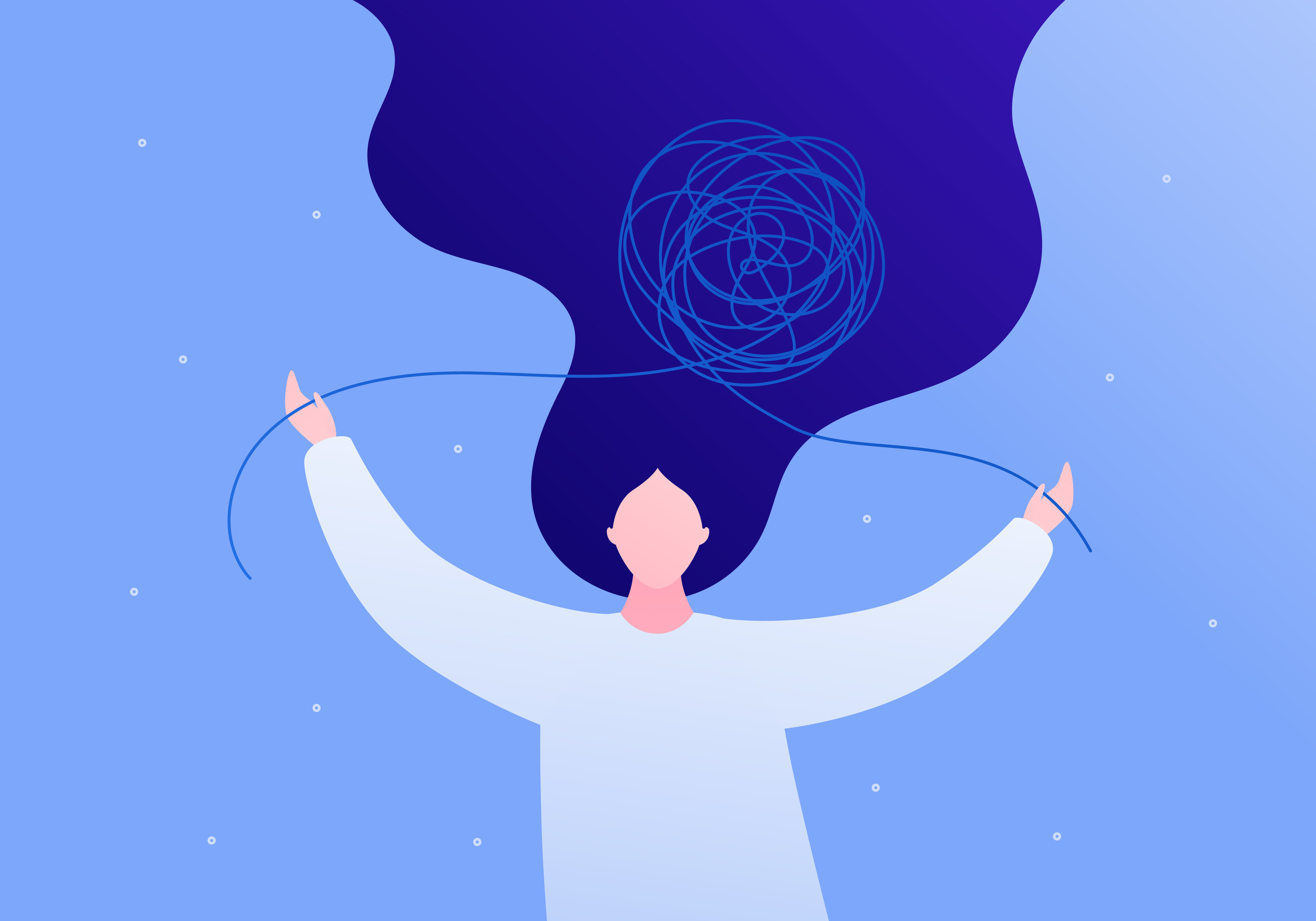 vector art of a woman pulling a thread from the swirly cloud o f
