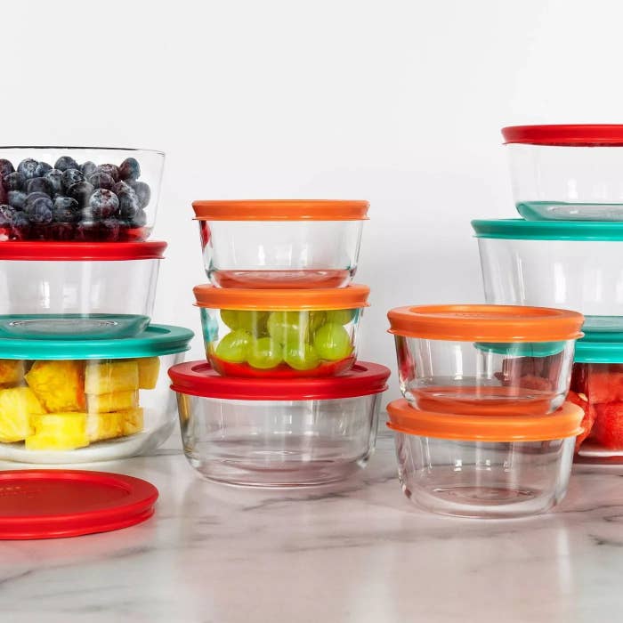 The glass containers with colored lids