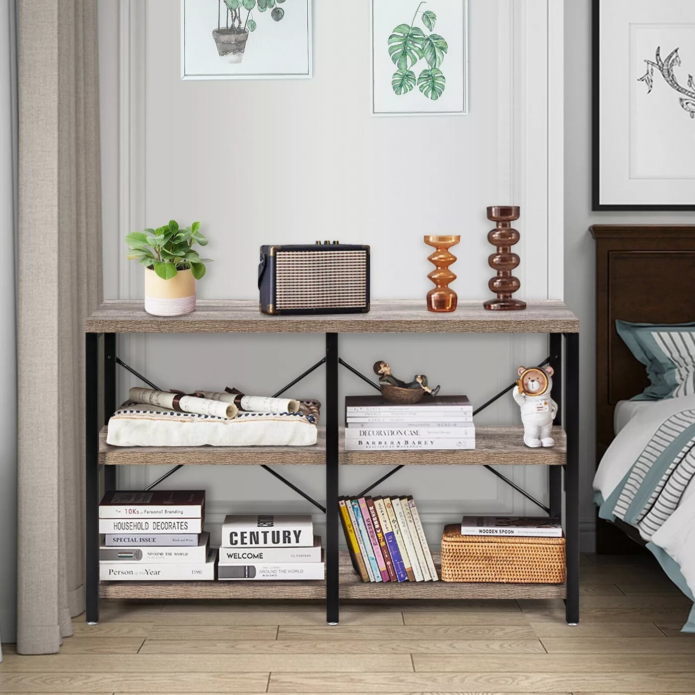 The gray oak shelves with a metal frame