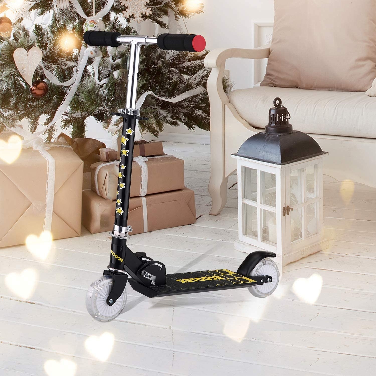 A scooter next to a Christmas tree