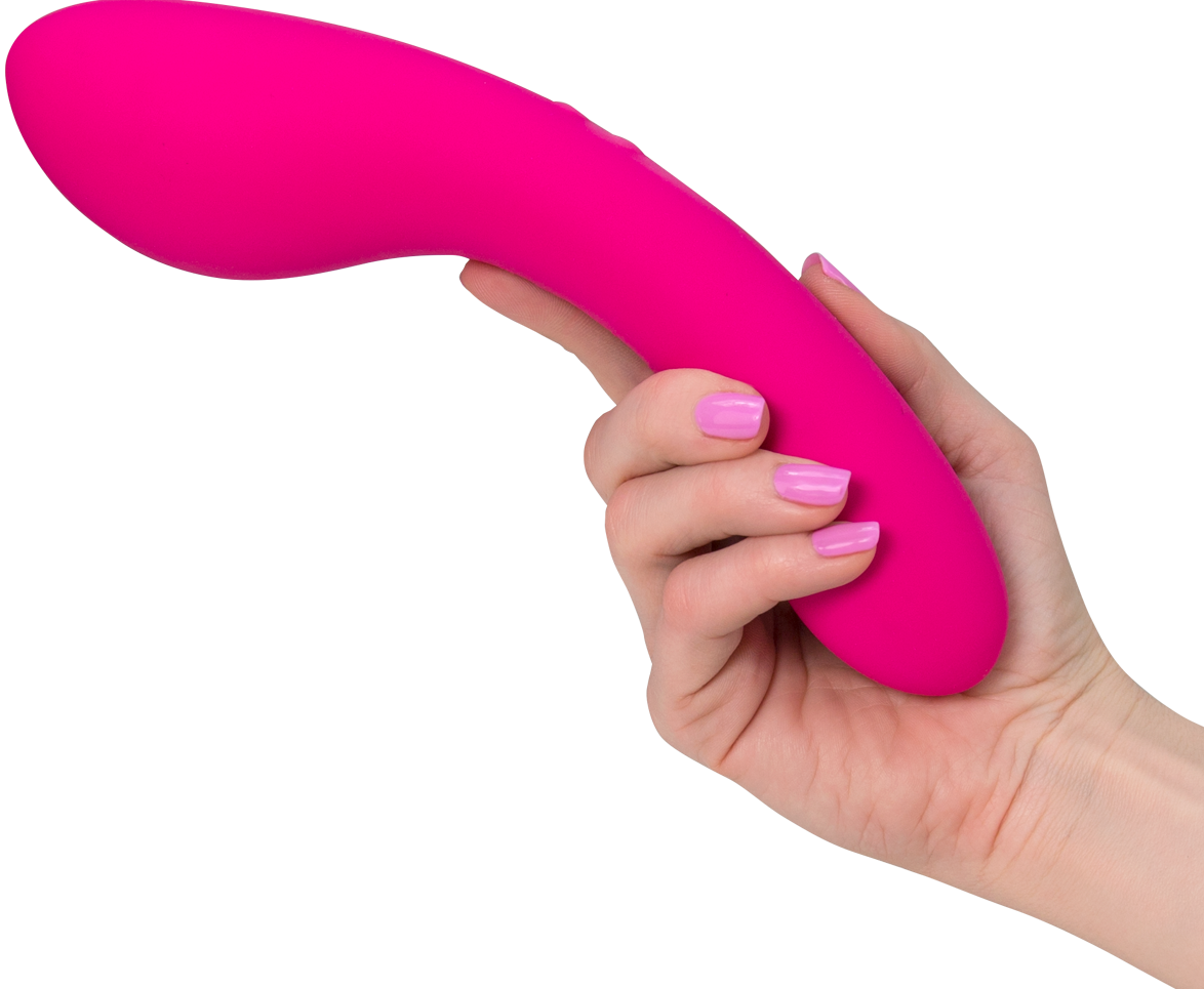 Model holding hot pink vibrator