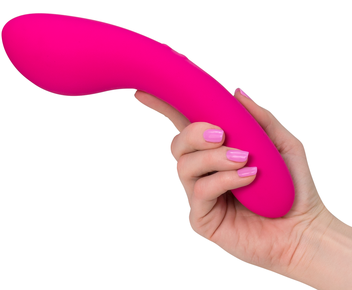 Model holding hot pink vibrator