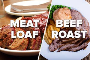 A plate of meatloaf, a plate of beef roast