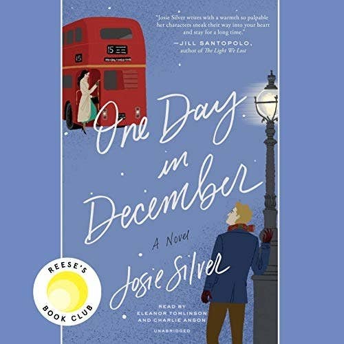 book cover of one day in december with woman on double decker bus looking at man standing by light post