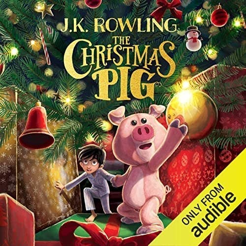 animated cover that says the christmas pig with little boy in pajamas being guided by a toy pig under the christmas tree