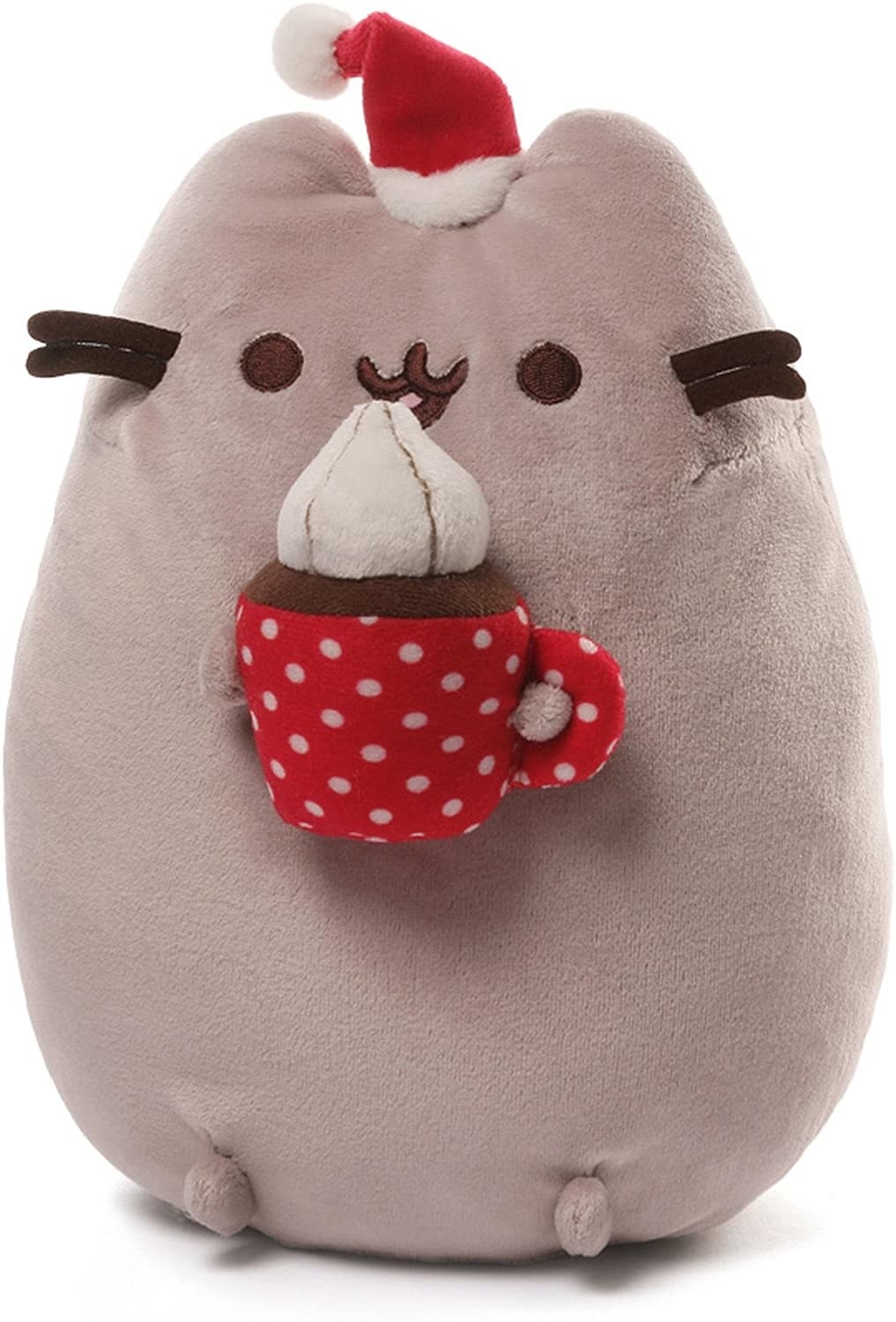 plush pusheen in santa hat holding hot cocoa with whipped cream