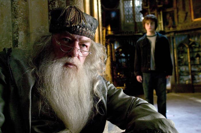 Dumbledore looks into the camera with Harry in the background