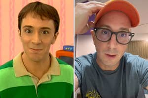 An excited Steve from Blue's Clues back then next to Steve now on TikTok