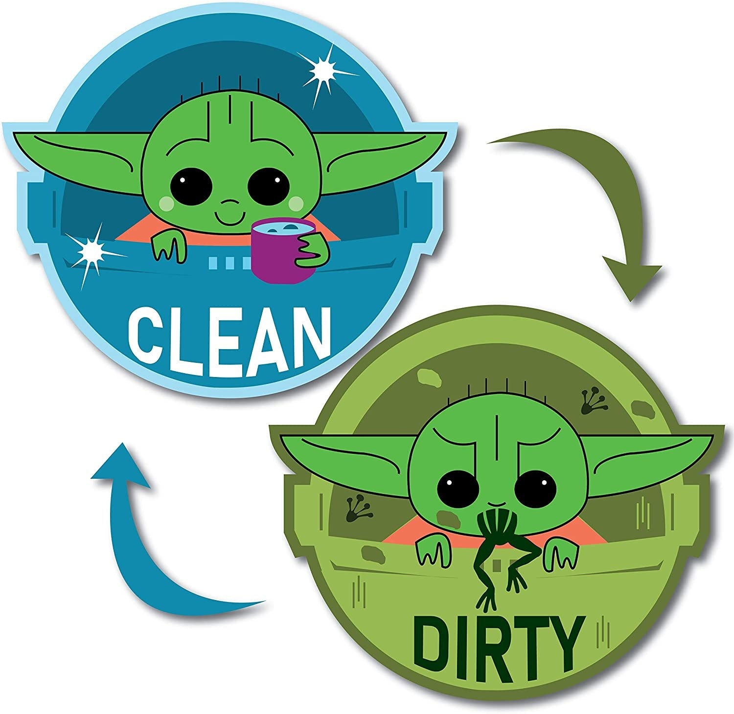 dishwasher magnets with cartoons of Baby Yoda on them