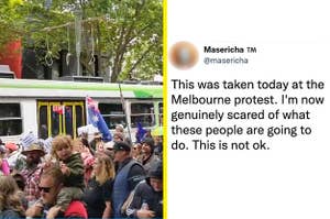 Left: Nooses at a protest in Australia; Right: A tweet in response to this saying that this is not okay and that they are scared of what these people are going to do 