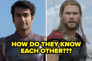Kumail Nanjiani in eternals and Chris Hemsworth as Thor text reads how do they know each other