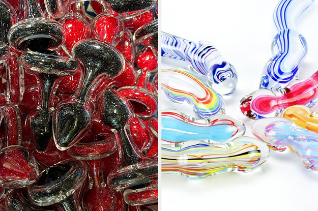 Glass plugs filled with crystals and snake-shaped multicolor glass dildos