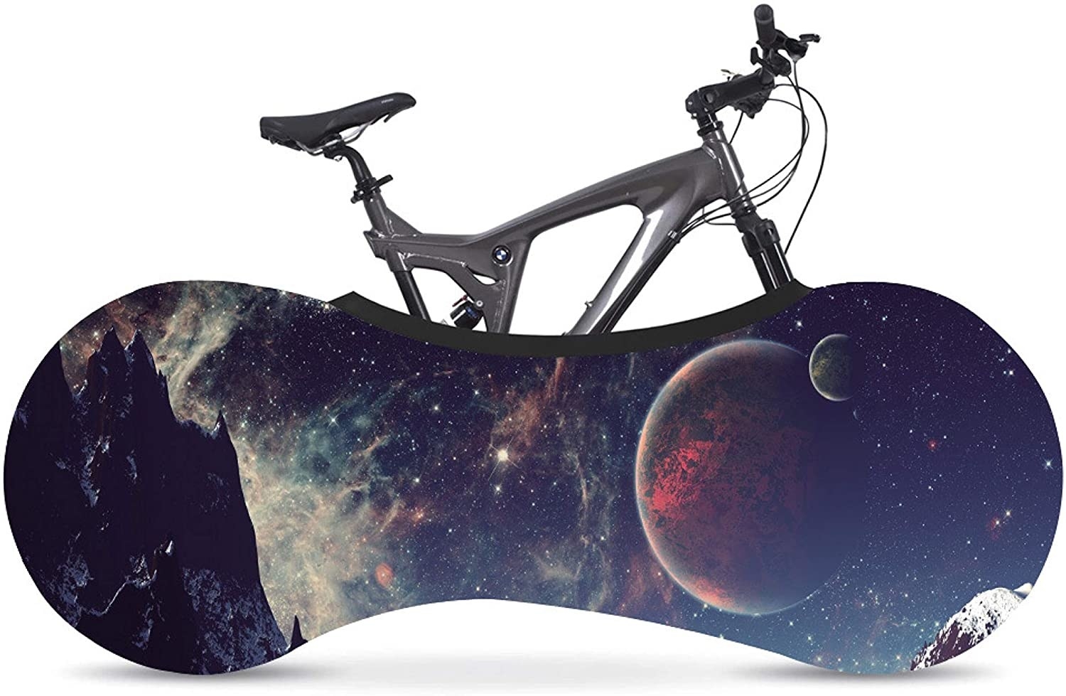 a bike wheel cover printed with a galactic design