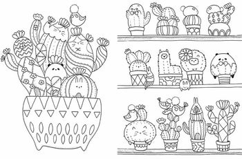 two of the pages, with animals like llamas, bunnies, cats, and pandas drawn in and on top of cactuses