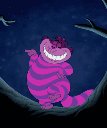a gif of the cheshire cat smiling and dancing