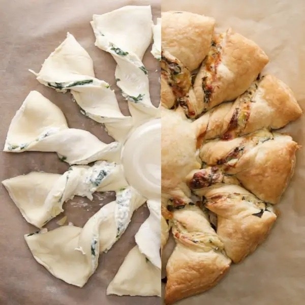 A split photo of the bread before and after it is cooked.