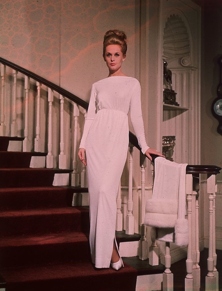 Tippi Hedren posing on a staircase