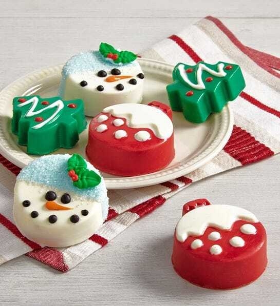 several festive cookies in a round shape