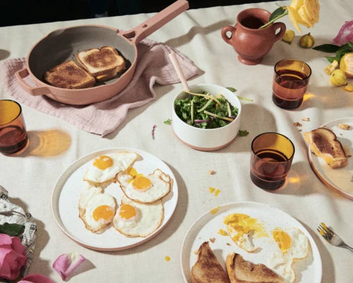 A breakfast spread using Our Place cookware and dinnerware