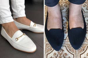 White loafers with gold buckles on top