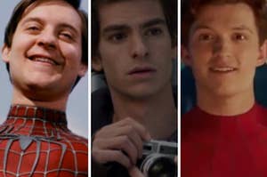 Toby McGuire in the Spider-Man suit, Andrew Garfield holds an old timey camera, and a close up of Tom Holland in the Spider-Man suit