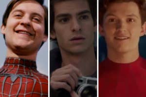Toby McGuire in the Spider-Man suit, Andrew Garfield holds an old timey camera, and a close up of Tom Holland in the Spider-Man suit