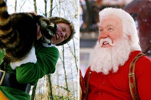 buddy the elf being attacked by a raccoon on the left and scott calvin from the santa clause on the right