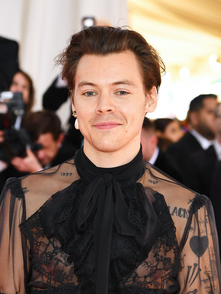Harry at the Met Gala in a see-through blouse and a single drop-pearl earring