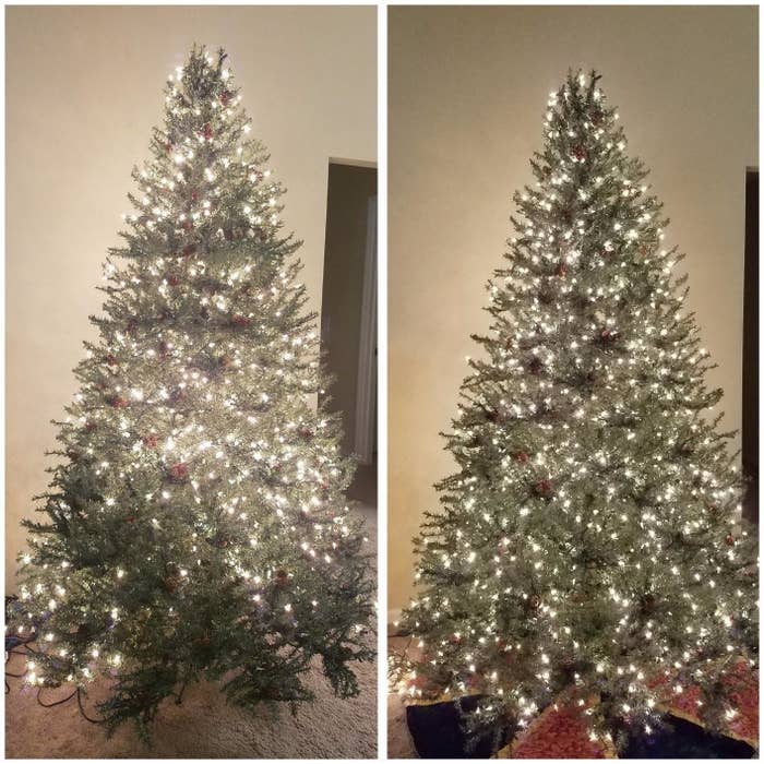 reviewer&#x27;s tree with broken string lights and same tree with fixed string lights