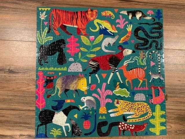 puzzle on a reviewer&#x27;s table with animals like a leopard, tapir, gorilla, tiger, lemur, and anteater