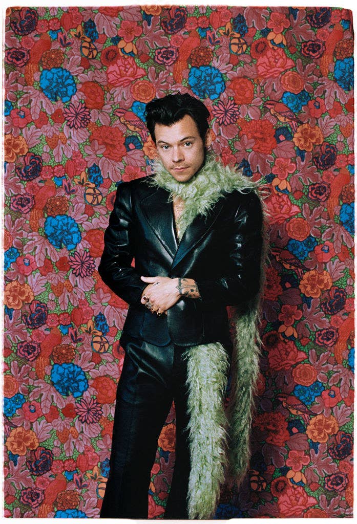 Harry poses for a photograph in leather-like suit and a feather boa wrapped around his neck
