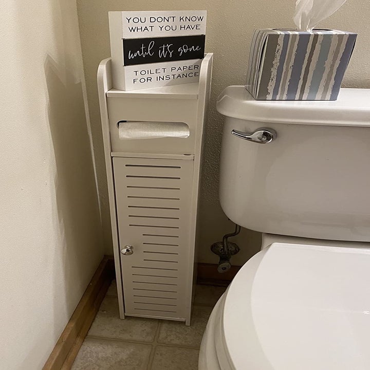 a reviewer photo of the white cabinet with tissue sticking out the top slit and the door closed