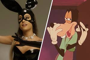 Ariana Grande wears a dark strapless leather dress with matching bunny mask and a close up of Goofy Goof as he twirls his long ear