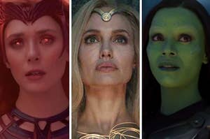 A close up of Wanda Maximoff with glowing eyes, a close up of Thena from "Eternals," and a close up of Gamora with her head turned to the side
