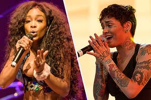 A close up of SZA and Kehlani as they sing into microphones