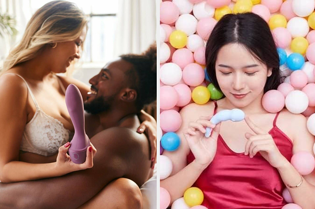 Couple holding purple vibrator and model touching blue squid-shaped vibrator
