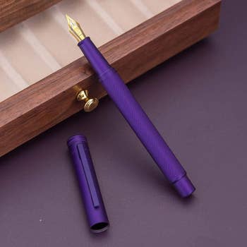 The purple fountain pen leaning against a drawer