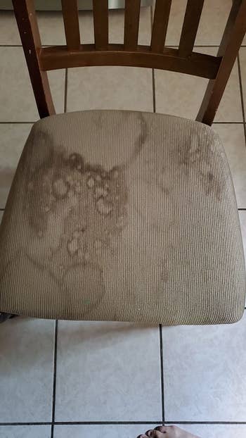 a chair cushion covered in brown stains