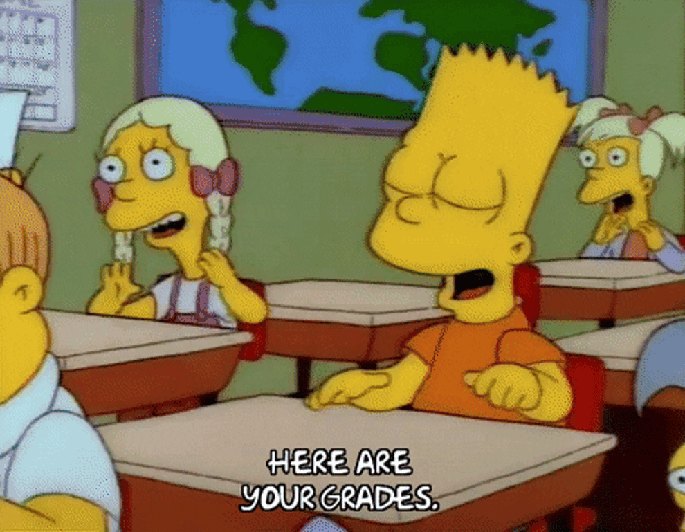 Bart Simpson from &quot;The Simpsons&quot; receives a report card that&#x27;s full of F&#x27;s