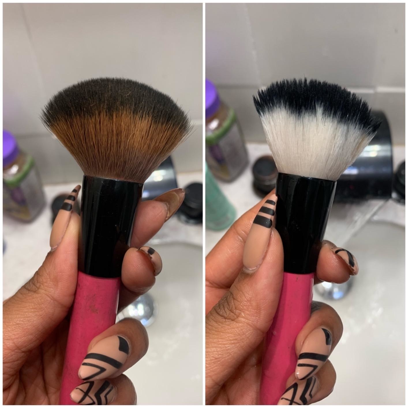 before and after reviewer images of a dirty brush becoming clean
