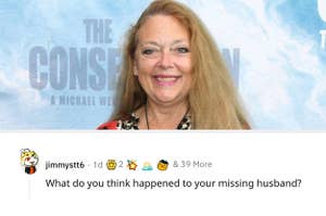 Carole Baskin at a documentary premiere next to a Reddit question from her AMA asking "what do you think happened to your missing husband"