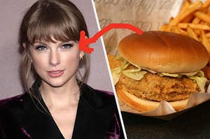 A close up of Taylor Swift as she wears a velvet suit and a close up of KFC chicken sandwich