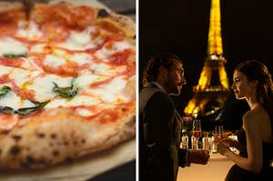 a margherita pizza on the left and emily in paris in front of the eiffel tower on the right
