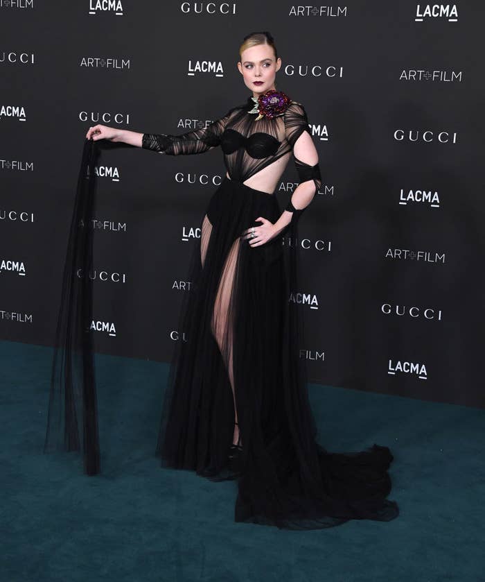 Elle wore a dark and see-through chiffon gown