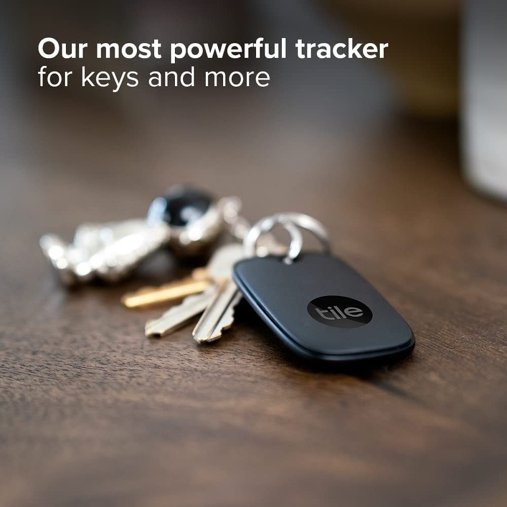 The tile attached to keys with text &quot;our most powerful tracker&quot;
